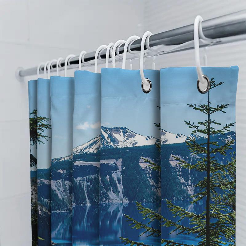 Scenic Landscape Shower Curtain With Waterfall And Snow-Capped Mountain Waterproof Printing For Bathroom Decorations