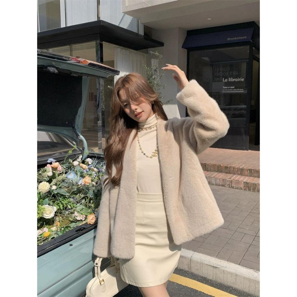 Winter Nerzpelz Kurzer V-Ausschnitt Mantel Pelz und Pelz Einteiler Nerzplüsch Umweltfreundlicher Pelz Pelzmantel für Damen