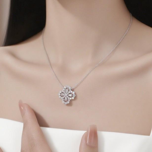 925 Sterling Silver Four-Leaf Clover Diamond Necklace - Women's Luxury Fashion