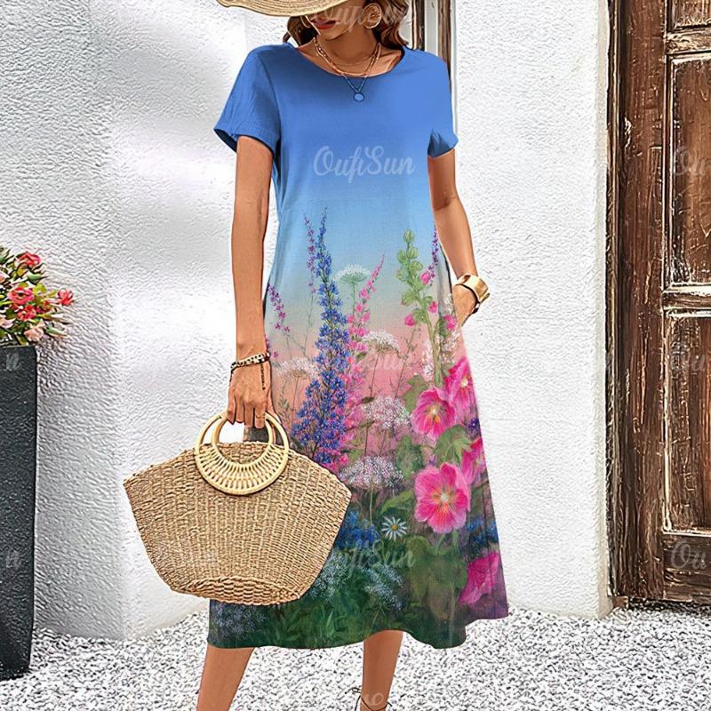 Women's Dresses Elegant Floral Printed Summer Vacation Midi Dresses Feamle Short Sleeve Dress Fashion Oversized Clothes