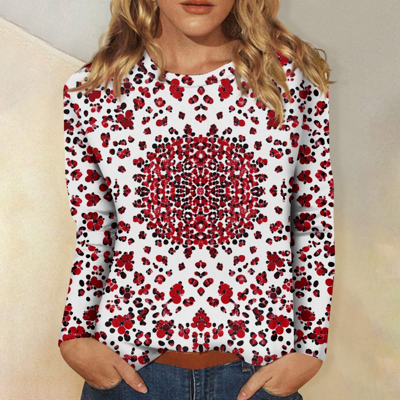 

Женская повседневная мода сексуальный удобный День святого Валентина принтованный круглый вырез длинный рукав топ XXL винный