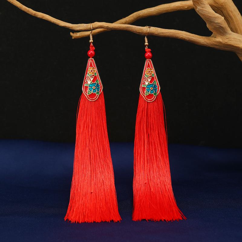 Medium cloisonne long fringed earrings retro temperament versatile cheongsam earrings Chinese earrings women