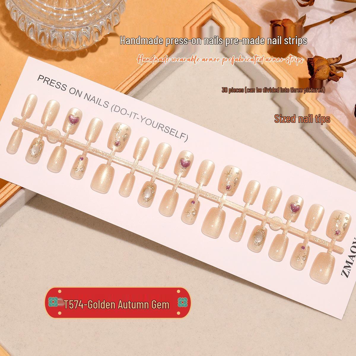 

Golden Autumn Gem Cat Eye Press-On Nails, Baroque Retro Style, 30 Ultra Short Pieces Full Set XS/S/M