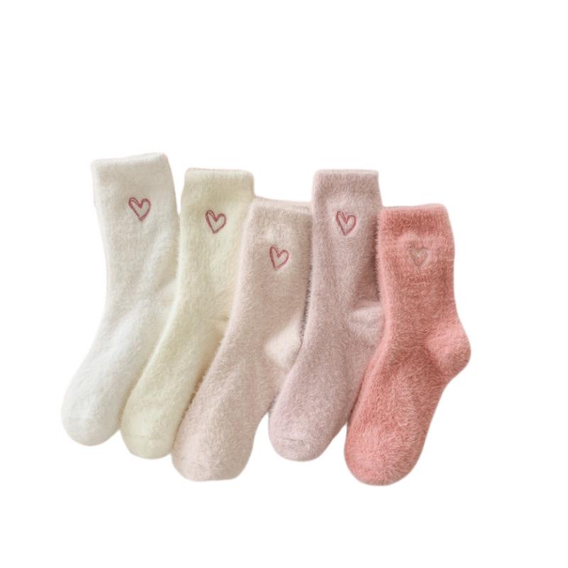 Women's Autumn & Winter Warm Mink Velvet Sleep Socks with Heart Embroidery
