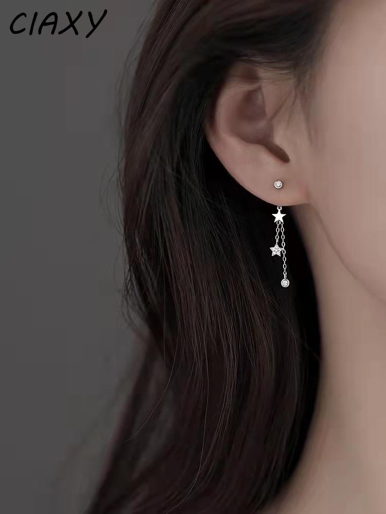 CIAXY Silver Color Star Studs Earrings for Women Super Fairy Tassel Ear Chain 2022 Simple Delicate Jewelry