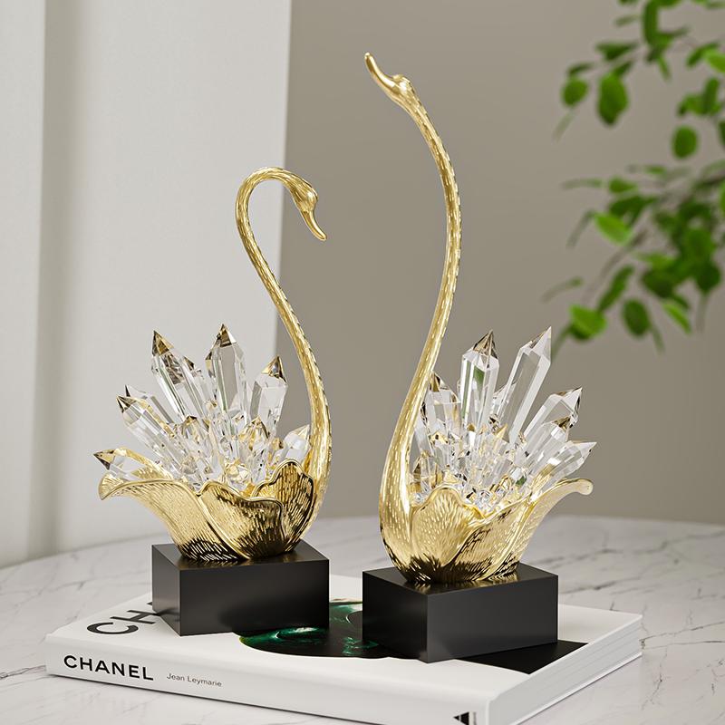 Gilded Crystal Swan Sculpture Two Piece Set Creative Artwork Ornaments Golden Swan Desk Decoration Modern Home Decor Accessories