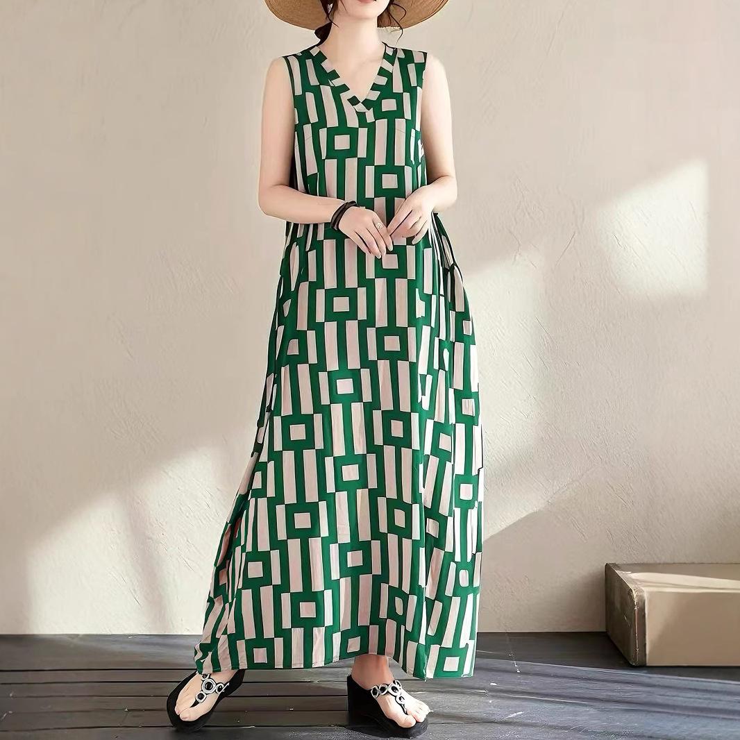 Women s Summer Sleeveless V-neck Loose Literary Holiday Style Beach Retro Long Dress S зелёный