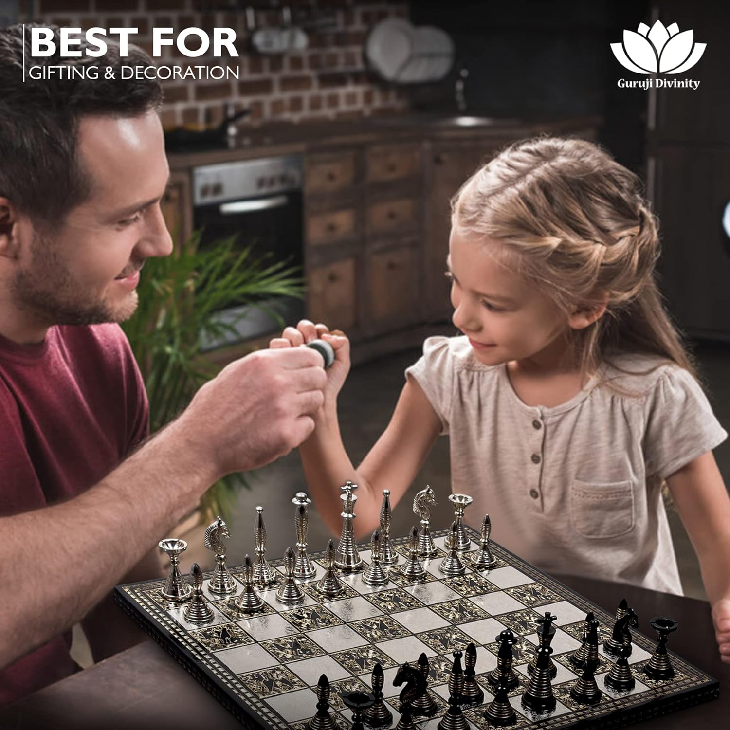 

Collectible Metal Brass Chess Set Tribal Warli Art in Leather Storage Box. (12 X 12 in) United States