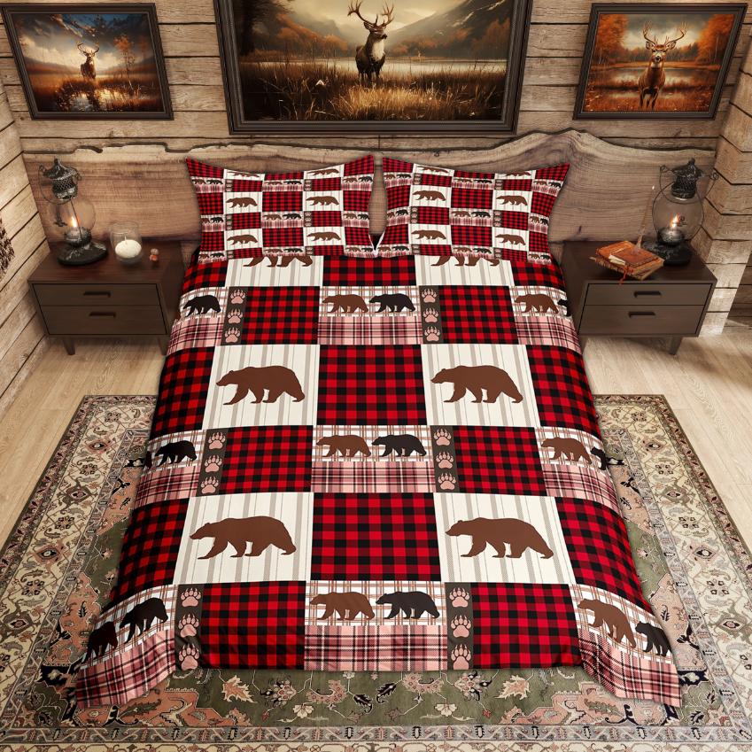 Homewish Rustic Deer Bear Duvet Cover Set Woodland Animal Checkered Quilt Cover Set Farmhouse Lodge Cabin Bedding Set
