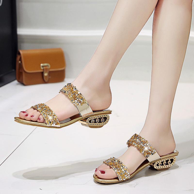 

Летняя женская мода шлепанцы на толстом каблуке 2025 новые на среднем каблуке со стразами на высоком каблуке женские сандалии большого размера высокий каблук 41 золотой