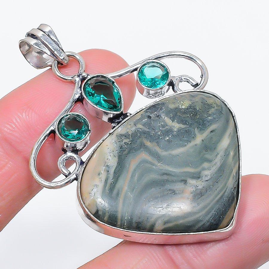 Natural Imperial Jasper, Diopside 925 Sterling Silver Jewelry Pendant 2.21" w2D84