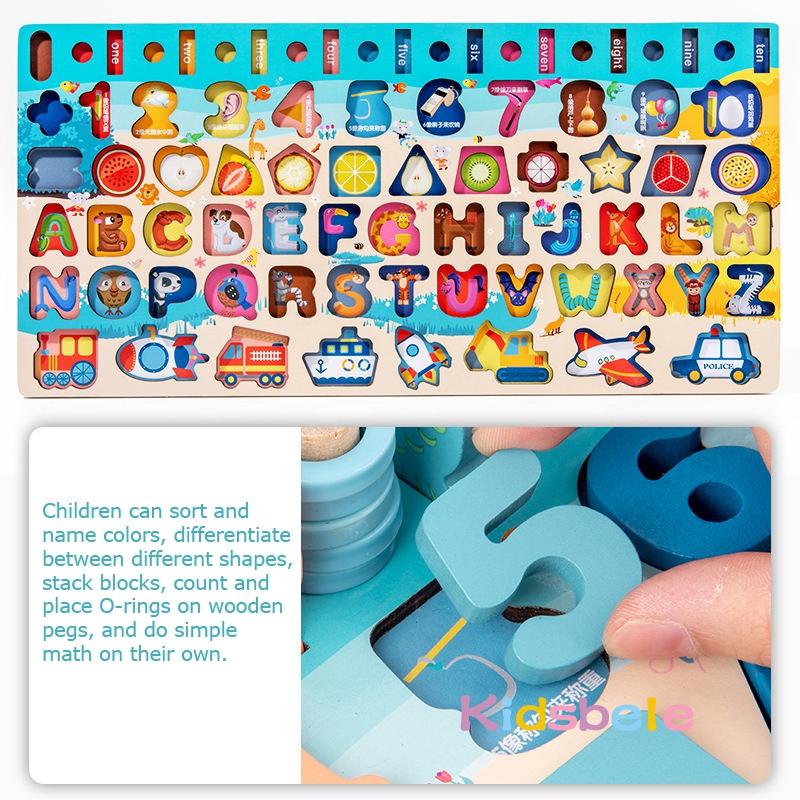 Wooden Puzzles Shape Sorter Montessori Toy Magnetic Fishing Game Counting Stacking Kids Preschool Alphabet Number Learning Toy