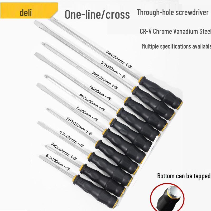 Deli Tools Multi-Functional Through-Body Screwdriver: Industrial-Grade Flat & Phillips Head with Magnetism