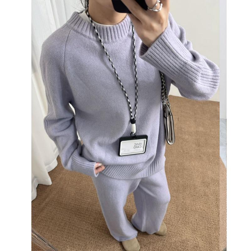 Crew Neck Fashion Suit Autumn and Winter New Lazy Style Casual Wide-leg Trousers Top Knitted Sweater Two-piece Set