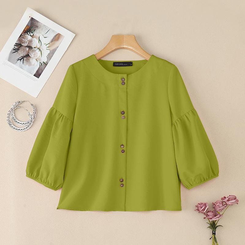 

ZANZEA Women Casual Round Neck Loose 3/4 Sleeve Plain Blouse S зелений