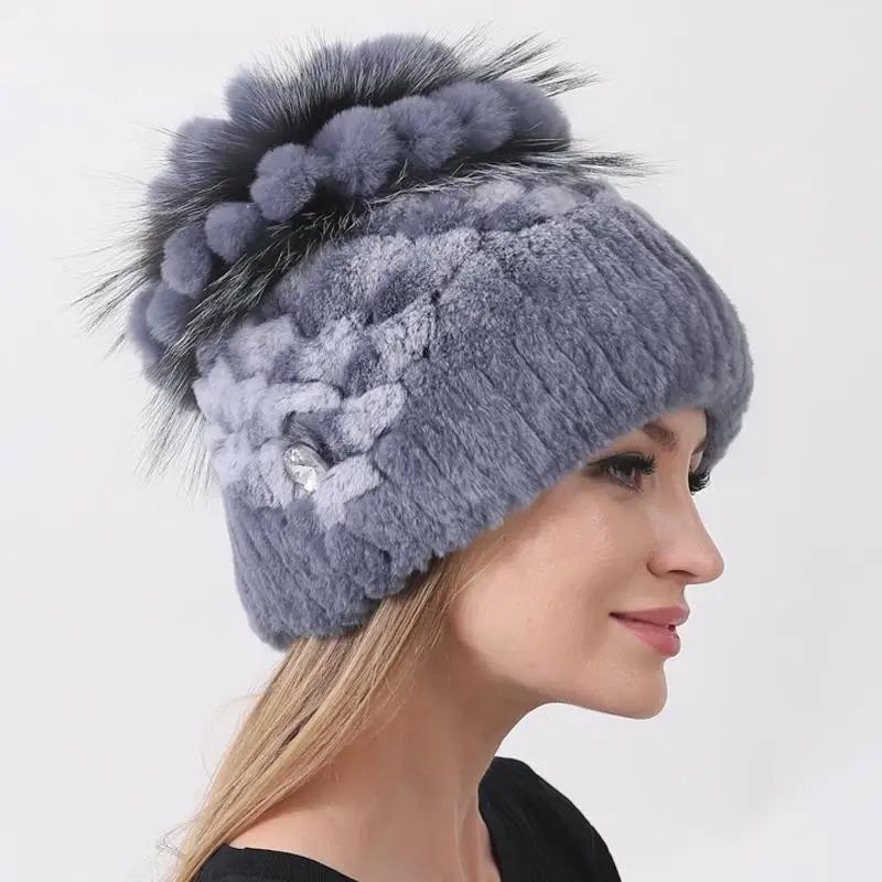 Luxury Real Fur Winter Hat for Women Knitted Rex Rabbit and Fox Fur Cap Floral Snow Fashion Stylish Fur Hats