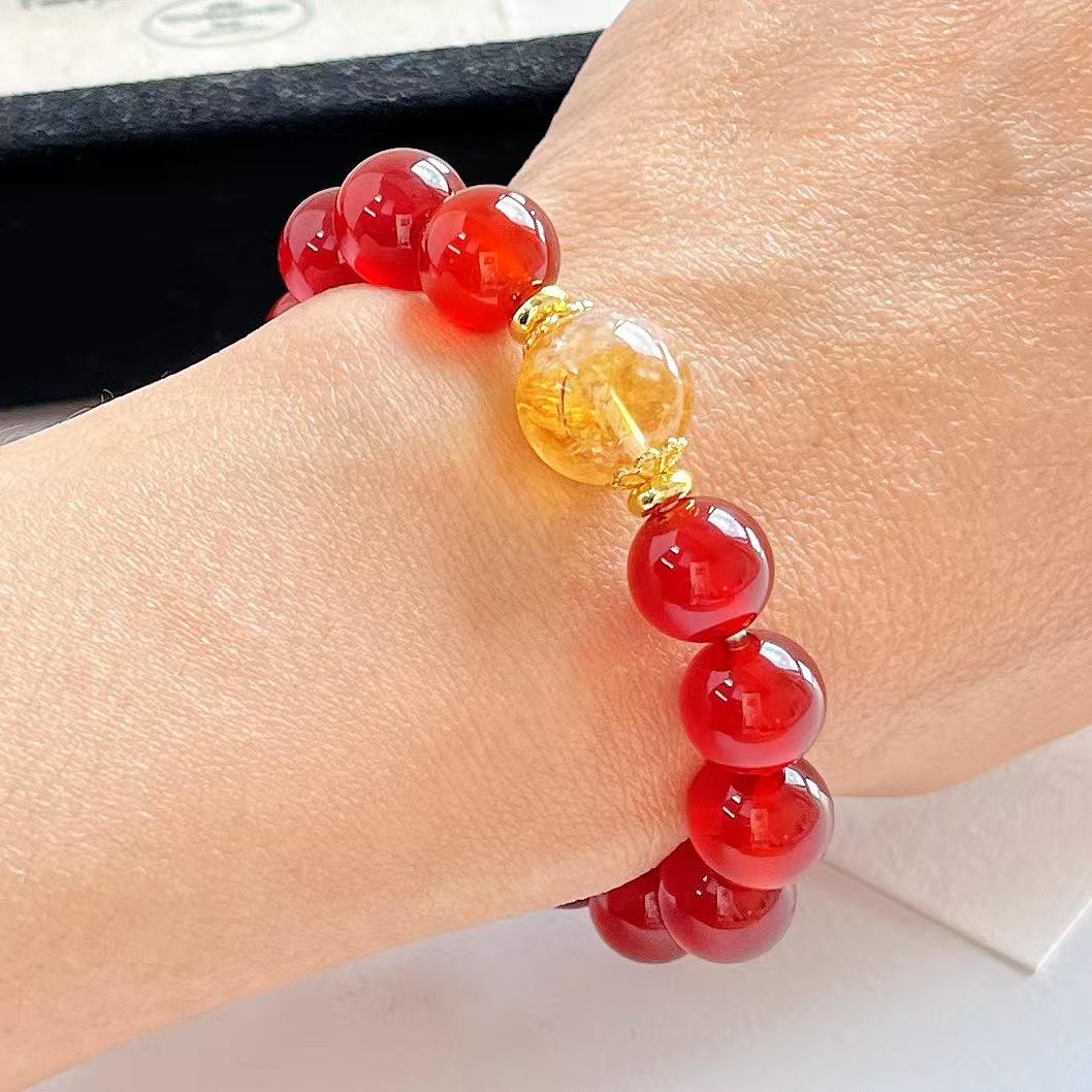 Vintage Vitreous Pigeon Blood Red Natural Chalcedony Yellow Tower Crystal Bracelet Bracelet