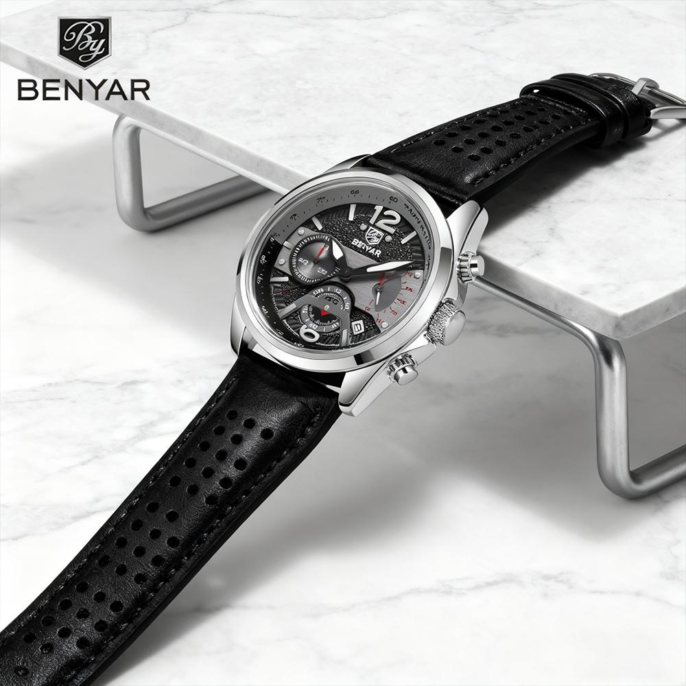 BENYAR 5171 New Fashion Men's Top Leather Quartz Watch Stainless Steel 30M Waterproof Luminous Reloj Hombre Watches for Man