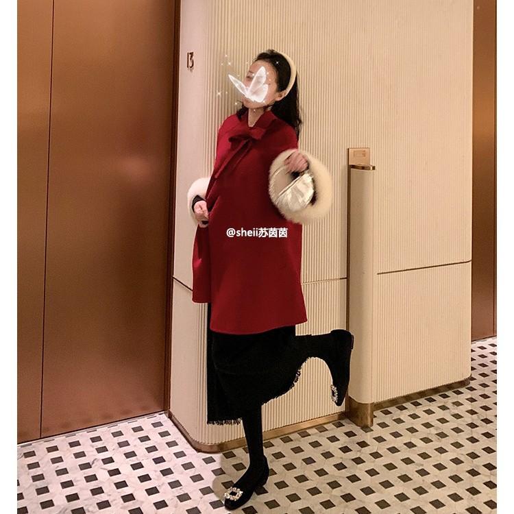 [Su Yinyin of the Same Style] Year-end Dinner~ Square Head Diamond Buckle Shallow Mouth Velvet Flat-soled Single Shoes Women's Commuter Shoes