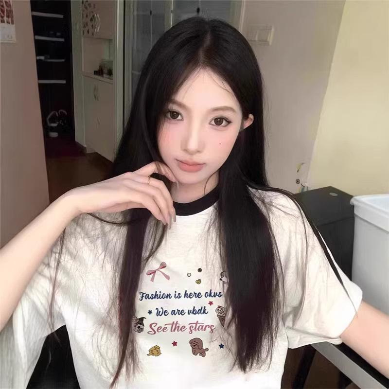 American retro three-bar gray short-sleeved t-shirt women's summer loose and lazy Guochao high street pure cotton half-sleeved top