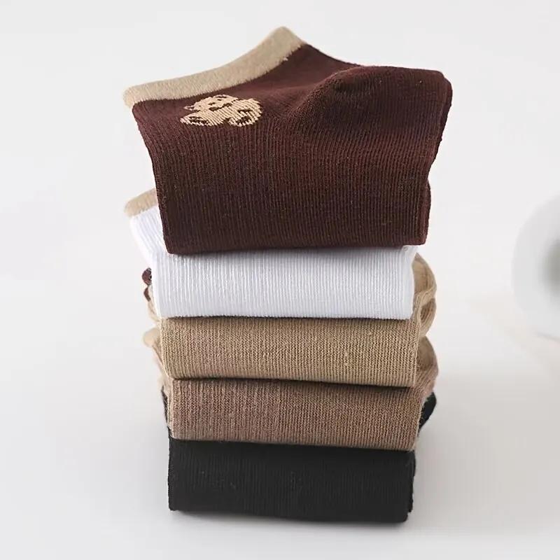 5 Pairs of Socks, WOMEN'S Spring and Summer Thin Solid Color Teddy Bear Cartoon Boat Socks