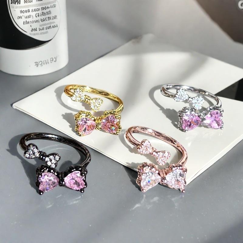 Sweet And Cool Pink Diamond Bow Series Open Ring Women'S Light Luxury Temperament Niche Design High-End Fashion Index Finger Ring
