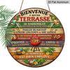 2D Flat, 1pc Round Aluminum Hanging Sign - "Bienvenue a Notre Terrasse" French Patio Rules Metal Wall Art, Tropical BBQ & Cocktail Design, Perfect
