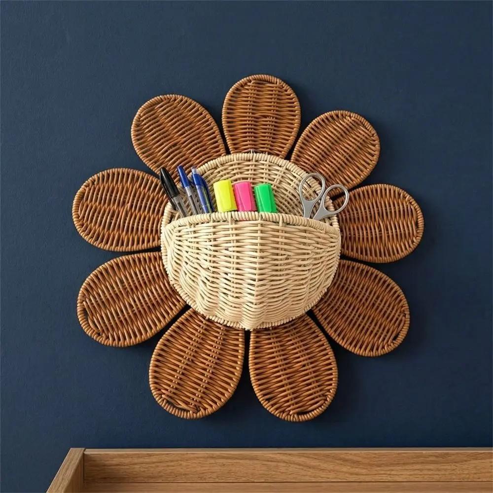 Handmade Imitation Rattan Sun Flower Wall Hanging Basket Decorative Nordic Style Storage Baskets PP Keys Storage Basket Room