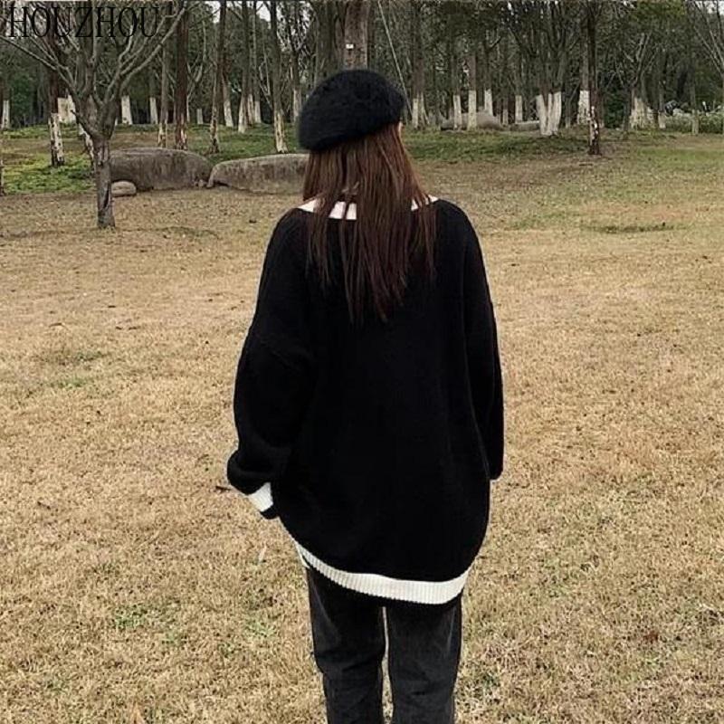 HOUZHOU Knitted Cardigan Sweater Women Korean Style Chic Patchwork Black Oversized Single Breasted Knitwear