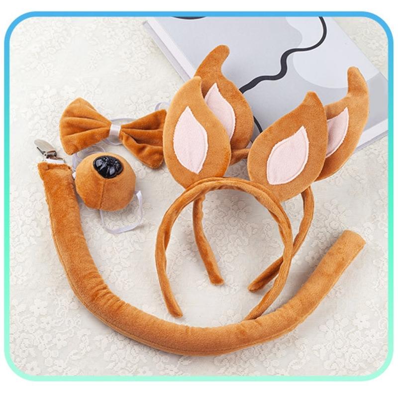 Dogs Hair Hoop Set Foxes Ears Headband Plush Tail Bowtie False Nose Animals Costume Set for Halloween Cosplay Party
