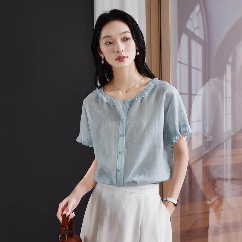 SOFSIL 2026 Women s French Retro Ruffle Ramie Short Sleeve Blouse M бежевый