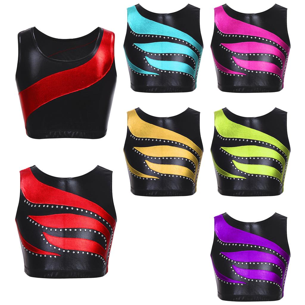 Girls Shiny Rhinestone Decor Dance Top Sleeveless Round Neck Jazz Performance Vest Tank Top