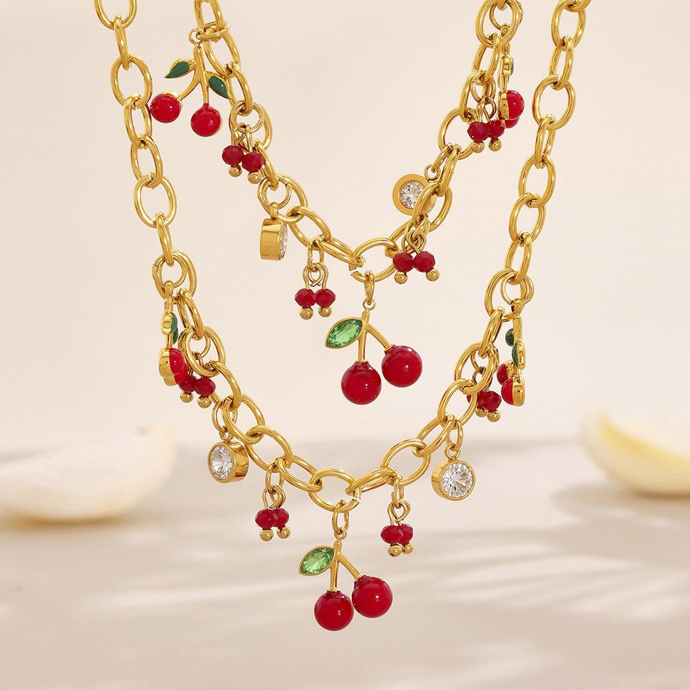 2025 New Fashion Red Cherry Zircon Necklace Bracelet Set for Women Jewelry Gift