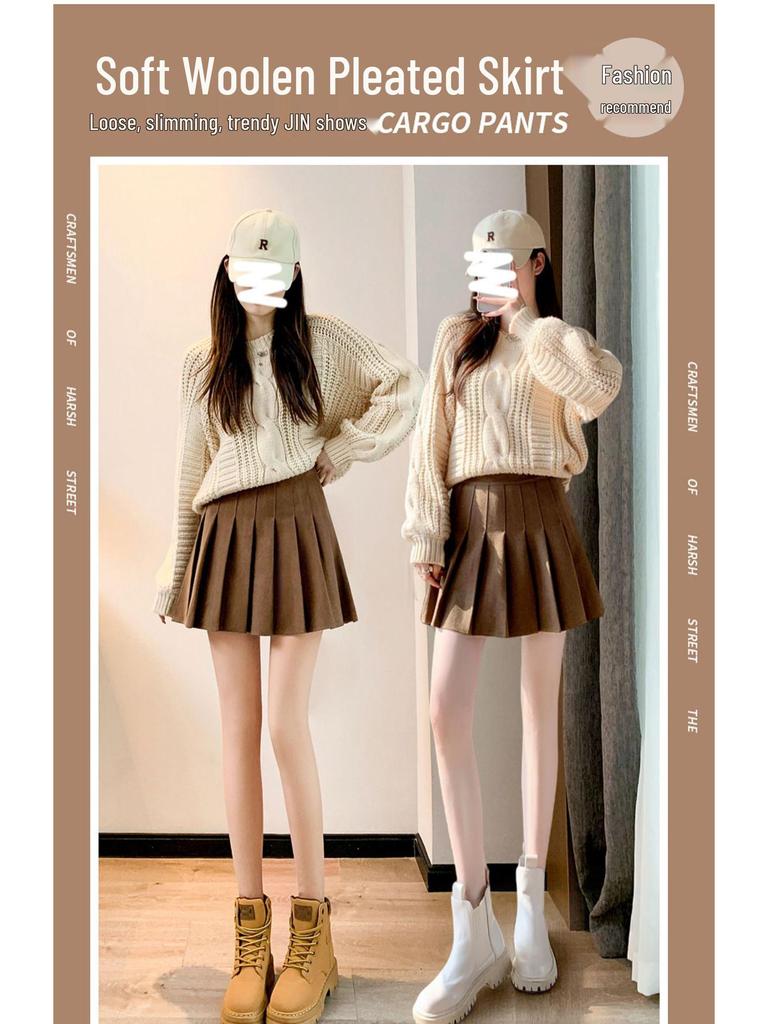 High Waist A-Line Woolen Pleated Skirt, Maillard Brown, Autumn/Winter '26