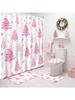 4-teiliges Weihnachts-Duschvorhang-Set Niedliches rosa Weihnachtsbaum-Duschvorhang-Set mit rutschfesten waschbaren Badematten, WC-Deckelbezug