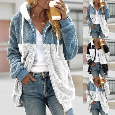 Women's Loose Large Size Plush Multicolor Paneled Hooded Zip Jacket