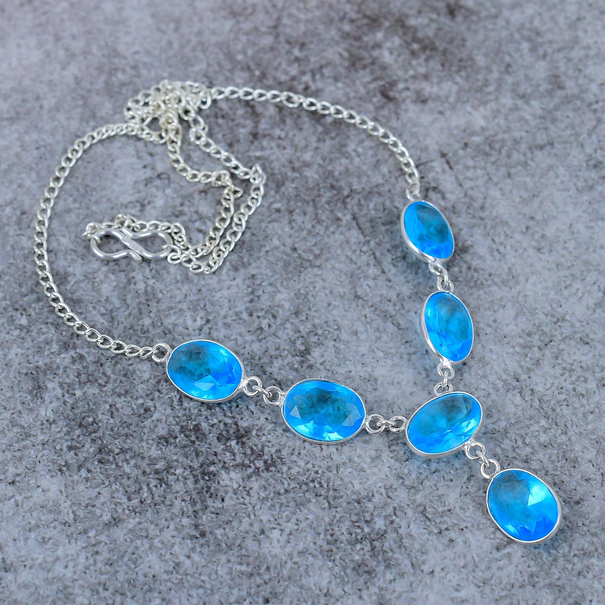 

Swiss Blue Topaz Gemstone Handmade 925 Sterling Silver Jewelry Necklace 18 M-400