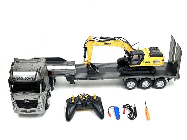 Huina Toys 1552 832mm Long Scale RTR Heavy Equipment Trailer with Power Shovel and Backhoe Figure 2.4GHz 9-Channel 1/18 3-Axle 2-Differential