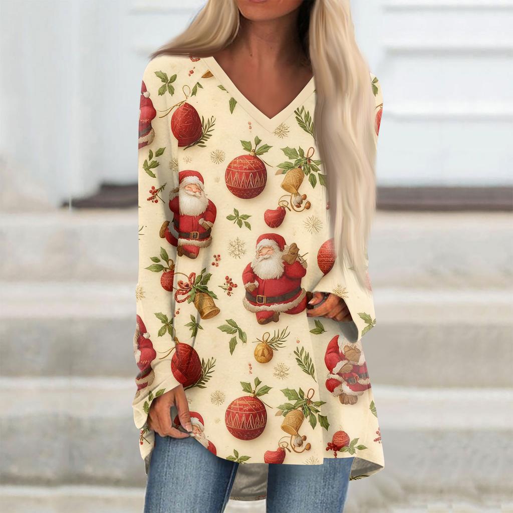 Ladies' Fashionable Casual Christmas Printed T-shirt Long Sleeved V-neck Mid Length Top