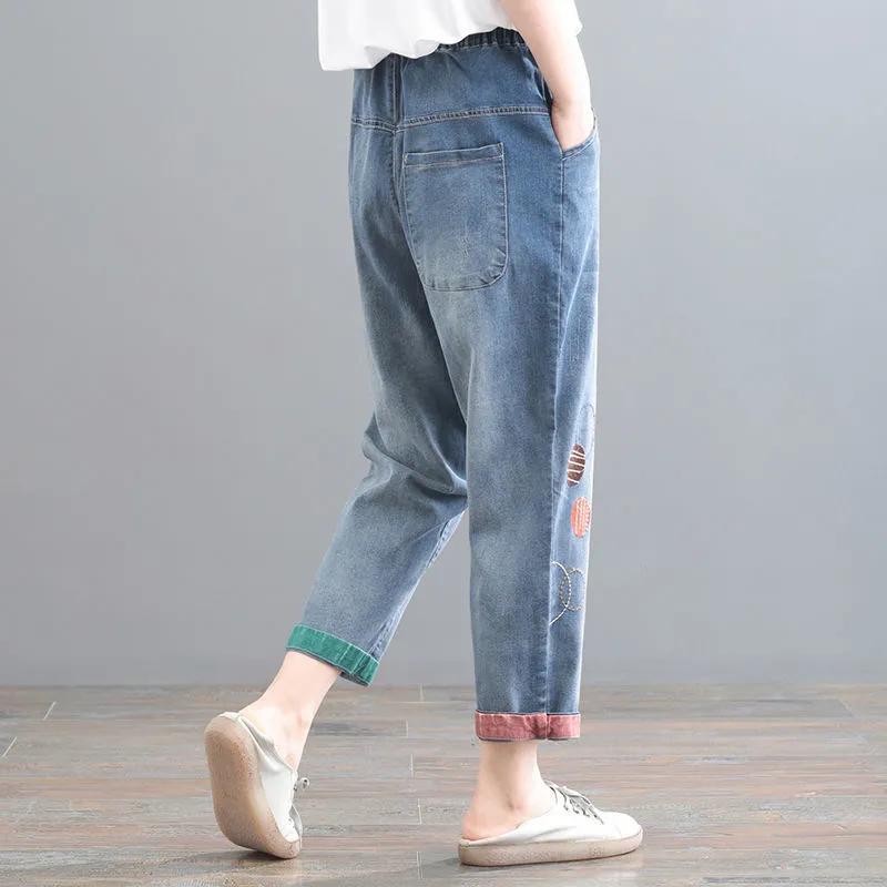 Women's Autumn Plus Size Cartoon Patch Haren Pants Embroidery High Waist Simple Jeans