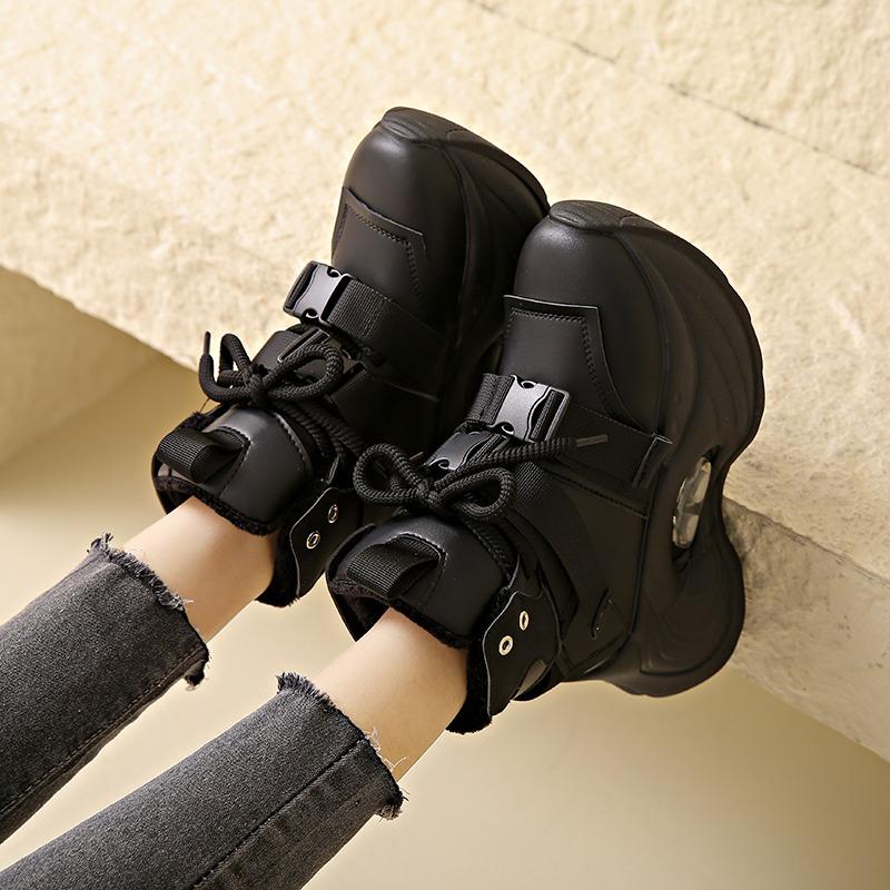 Fashion Chunky Platform Sneakers for Women 2024 New Winter Warm Fur Lace Up Vulcanized Shoes Woman 9.5CM High Heels Sports Leather Shoes