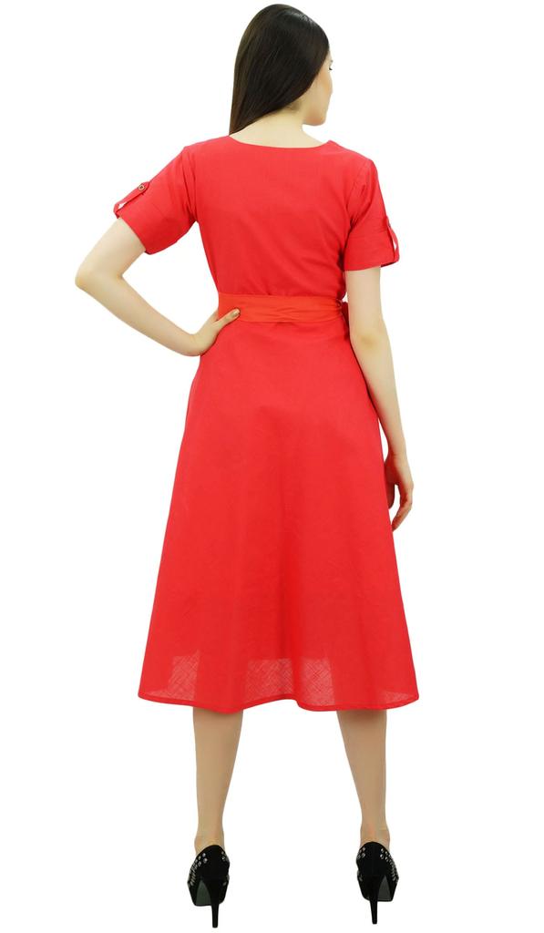 Bimba Damen Kurzarm Leinen Etuikleid Mit Gürtel Freizeitkleider