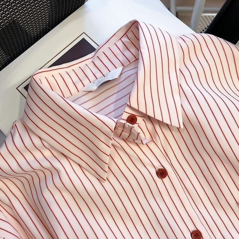 Pink Striped Women's Shirt French Style Loose Flip Collar Single Breasted Pocket Blouse Casual Fashionable Famale Long Sleeved Top
