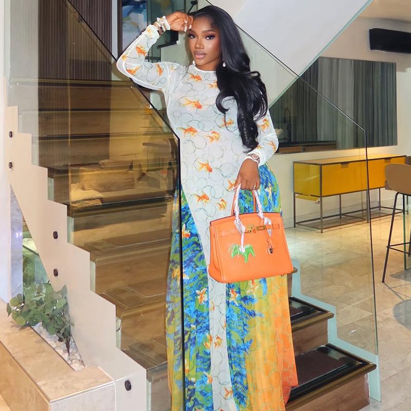European/US Summer Fashion Printed A-line Skirt Round Neck Waist-Cinching Long Sleeve Dress
