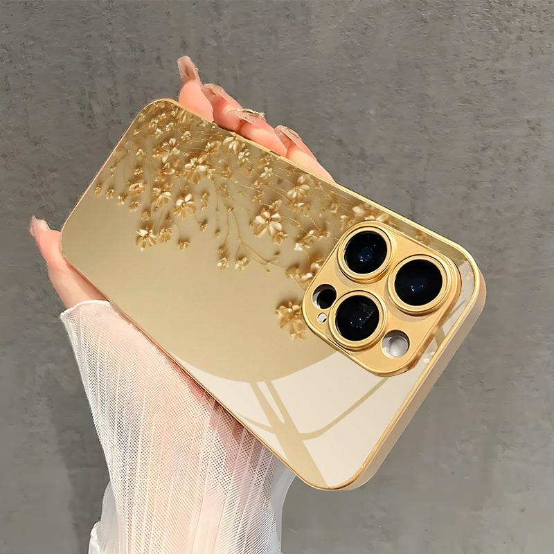 Elegante Fiore Dorato Vernice Metallica Oro Custodia in Vetro per Telefono Per iPhone 17 16 15 14 13 12 11 Pro Max 15 14 Plus 17 Air 16E Copertura