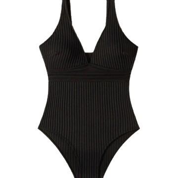 Clearance Special Black Vertical Texture V-Neck Crossed One-piece Swimsuit, High Fork Belly Conservative Swimsuit