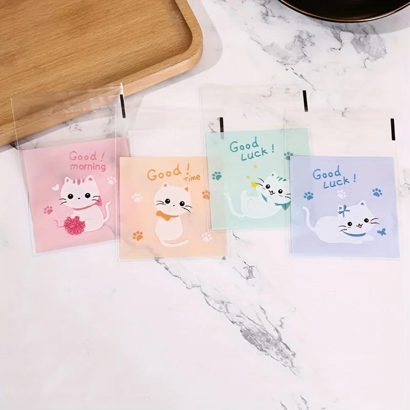 100/200/300pcs Mini Cartoon Cat Packaging Bag Baking Snack Self-adhesive Bag Cartoon Cat Biscuit Cookie Packaging Bag Organizer