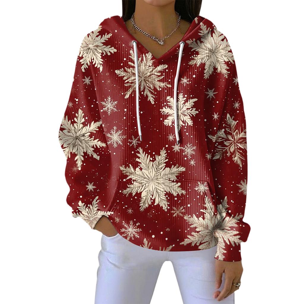 Women's Loose Comfortable Casual Fashion V-Neck Christmas Print Long Sleeve Hoodie