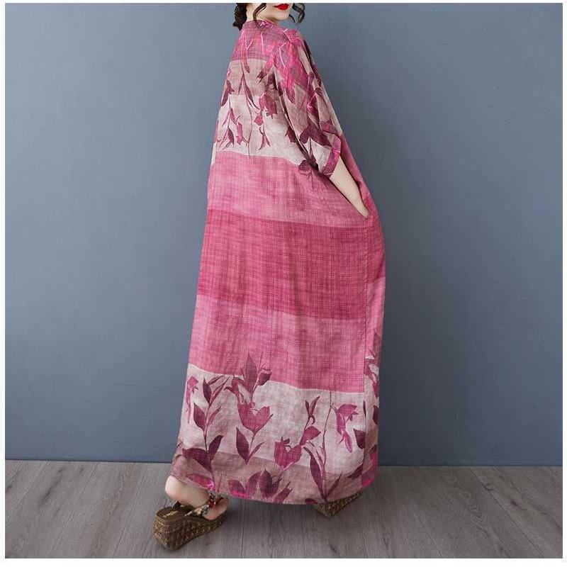 Women's V-neck Retro Long Skirt Cotton Linen Dress