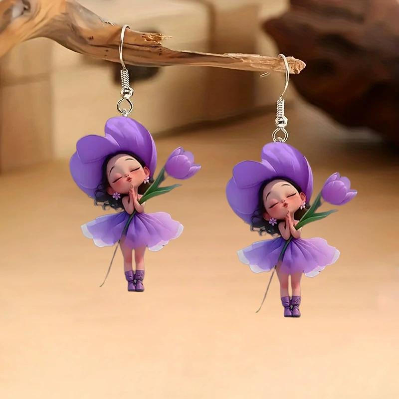 Purple Flower Fairy 2D Acrylic Earrings Cute Beautiful Flower Fairy Spring Summer Earrings